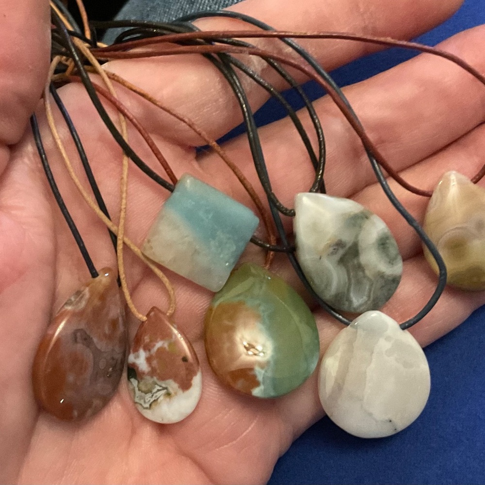 SALE! All SEVEN Orbicular Ocean Jasper Pendants on Leather Thongs